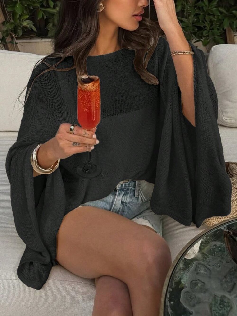 black Casual Women's Minimalist Loose Comfortable Knit poncho Sweater